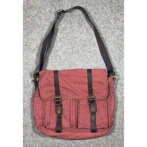 Vintage Fossil Canvas Messenger Bag Red Leather Strap Buckle Crossbody READ